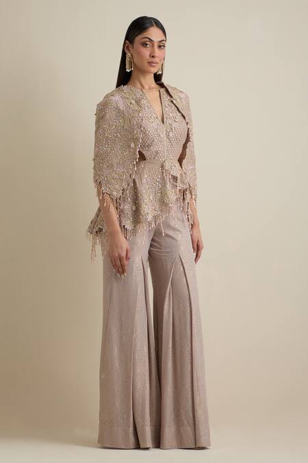 Buy Eeksha Pink Net Sequins, Beads Embroidered Draped Sleeve Jumpsuit Online at Aza Fashions Buy_Eeksha_Pink Net Sequins, Beads Embroidered Draped Sleeve Jumpsuit _Online_at_Aza_Fashions