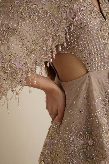 Shop Eeksha Pink Net Sequins, Beads Embroidered Draped Sleeve Jumpsuit Online at Aza Fashions Shop_Eeksha_Pink Net Sequins, Beads Embroidered Draped Sleeve Jumpsuit _Online_at_Aza_Fashions