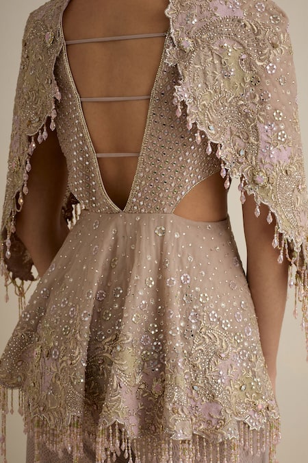 Eeksha Pink Net Sequins, Beads Embroidered Draped Sleeve Jumpsuit at Aza Fashions Eeksha_Pink Net Sequins, Beads Embroidered Draped Sleeve Jumpsuit _at_Aza_Fashions