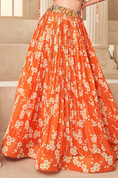 Taavare Orange Tissue, Organza Applique, Embroidery V-neck Floral Print Lehenga Set Online at Aza Fashions Taavare_Orange Tissue, Organza Applique, Embroidery V-neck Floral Print Lehenga Set_Online_at_Aza_Fashions