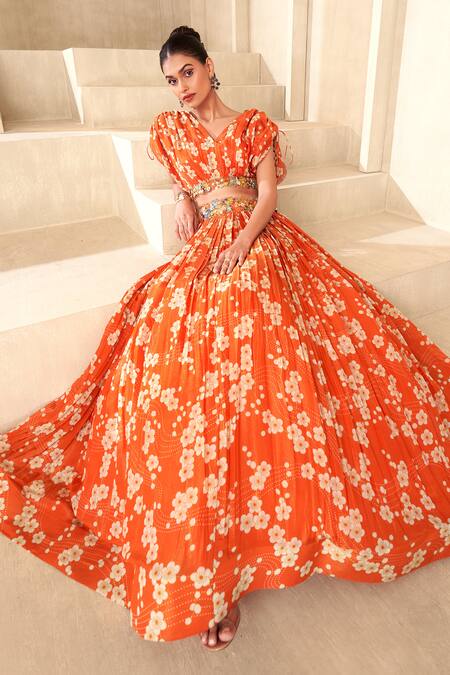 Buy Taavare Orange Tissue, Organza Applique, Embroidery V-neck Floral Print Lehenga Set Online at Aza Fashions Buy_Taavare_Orange Tissue, Organza Applique, Embroidery V-neck Floral Print Lehenga Set_Online_at_Aza_Fashions