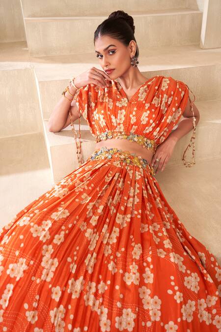 Shop Taavare Orange Tissue, Organza Applique, Embroidery V-neck Floral Print Lehenga Set Online at Aza Fashions Shop_Taavare_Orange Tissue, Organza Applique, Embroidery V-neck Floral Print Lehenga Set_Online_at_Aza_Fashions