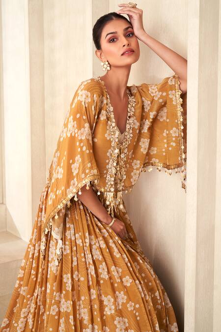 Taavare Gold Tissue, Organza Sequins Floral Print Embroidered Kaftan Blouse Lehenga Set Online at Aza Fashions Taavare_Gold Tissue, Organza Sequins Floral Print Embroidered Kaftan Blouse Lehenga Set_Online_at_Aza_Fashions