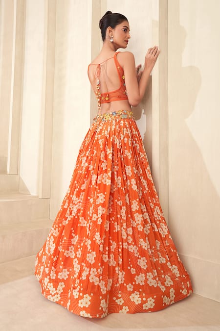 Shop_Taavare_Orange Organza, Tissue Applique, Embroidery Floral Print Pleated Lehenga Set _at_Aza_Fashions