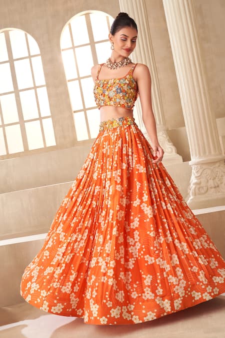 Taavare_Orange Organza, Tissue Applique, Embroidery Floral Print Pleated Lehenga Set _Online_at_Aza_Fashions