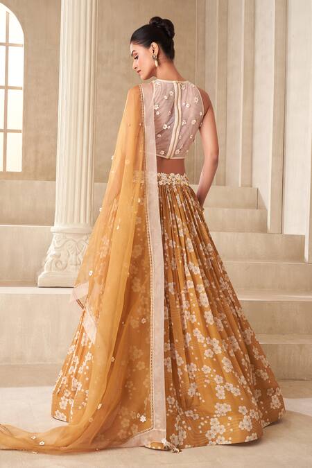 Shop Taavare Gold Organza, Tissue Sequins, Embroidery Round Neck Floral Print Lehenga Set at Aza Fashions Shop_Taavare_Gold Organza, Tissue Sequins, Embroidery Round Neck Floral Print Lehenga Set_at_Aza_Fashions
