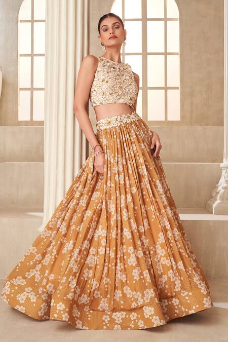 Taavare Gold Organza, Tissue Sequins, Embroidery Round Neck Floral Print Lehenga Set Online at Aza Fashions Taavare_Gold Organza, Tissue Sequins, Embroidery Round Neck Floral Print Lehenga Set_Online_at_Aza_Fashions