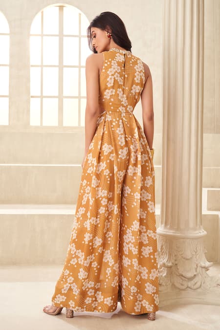Shop_Taavare_Gold Organza Embroidery Round Neck Floral Print Jumpsuit _at_Aza_Fashions