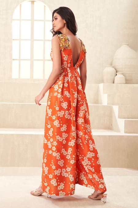 Shop_Taavare_Orange Organza Tassels V-neck Floral Print Embroidered Jumpsuit _at_Aza_Fashions