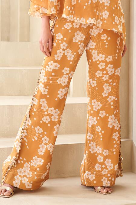 Taavare Gold Organza Embroidery One Shoulder Top And Pant Set Online at Aza Fashions Taavare_Gold Organza Embroidery One Shoulder Top And Pant Set_Online_at_Aza_Fashions