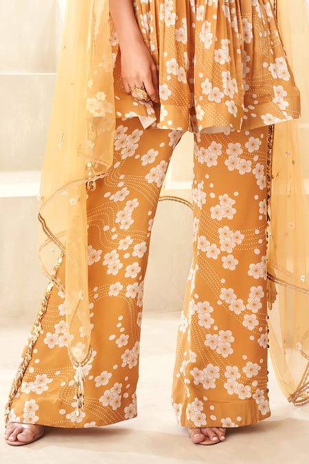 Taavare Gold Organza, Tulle Embroidery Square Floral Print Peplum Top And Flared Pant Set Online at Aza Fashions Taavare_Gold Organza, Tulle Embroidery Square Floral Print Peplum Top And Flared Pant Set _Online_at_Aza_Fashions