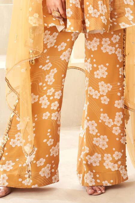 Buy_Taavare_Gold Organza, Tulle Embroidery Square Floral Print Peplum Top Flared Pant Set_Online_at_Aza_Fashions