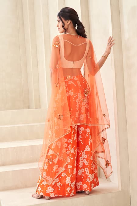 Shop_Taavare_Orange Organza, Tulle Embroidery Sweetheart Embellished Cape Floral Pant Set _at_Aza_Fashions