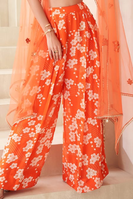 Taavare_Orange Organza, Tulle Embroidery Sweetheart Embellished Cape Floral Pant Set _Online_at_Aza_Fashions