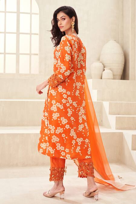 Shop Taavare Orange Organza, Tissue Pearls, Cut Floral Print Embroidered Kurta And Pant Set at Aza Fashions Shop_Taavare_Orange Organza, Tissue Pearls, Cut Floral Print Embroidered Kurta And Pant Set_at_Aza_Fashions