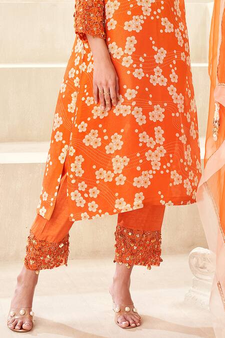 Taavare Orange Organza, Tissue Pearls, Cut Floral Print Embroidered Kurta And Pant Set Online at Aza Fashions Taavare_Orange Organza, Tissue Pearls, Cut Floral Print Embroidered Kurta And Pant Set_Online_at_Aza_Fashions