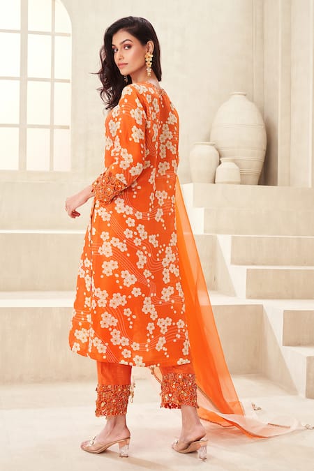Shop_Taavare_Orange Tissue, Organza Pearls, Cut Work, Embroidery Floral Print Kurta Pant Set_at_Aza_Fashions