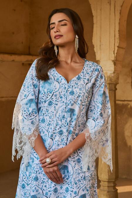 Shop_Sage Saga_Blue Chanderi, V-neck Neel Ambar Printed Kurta Pant Set _Online_at_Aza_Fashions