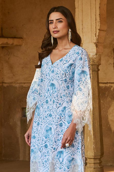 Sage Saga Blue Linen Embroidery V-neck Neel Ambar Printed Kurta Online at Aza Fashions Sage Saga_Blue Linen Embroidery V-neck Neel Ambar Printed Kurta _Online_at_Aza_Fashions