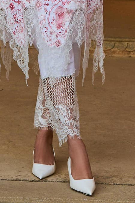 Sage Saga_Red Chanderi, Asymmetric Jamuna Chantilly Embroidered Kurta Pant Set _Online_at_Aza_Fashions