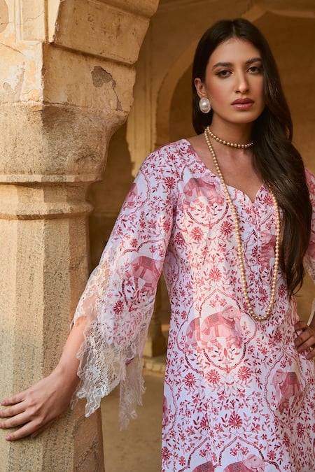 Sage Saga_Red Chanderi, Asymmetric Jamuna Chantilly Embroidered Kurta Pant Set _at_Aza_Fashions