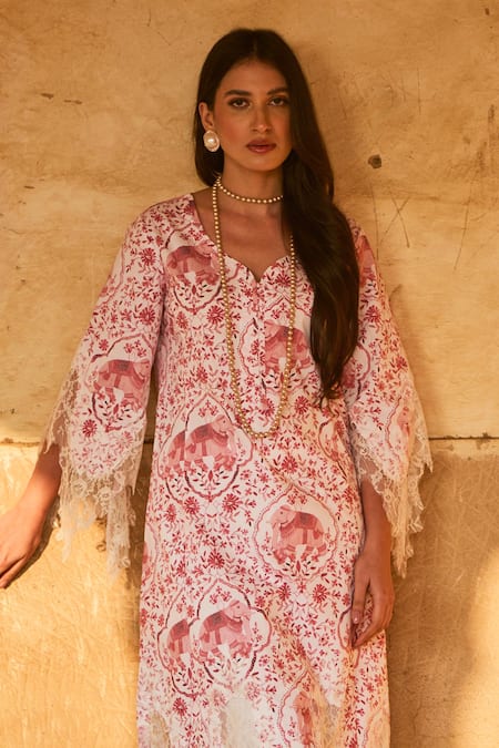 Buy_Sage Saga_Red Chanderi, Asymmetric Jamuna Chantilly Embroidered Kurta Pant Set 