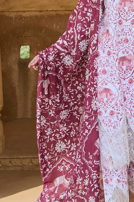 Shop_Sage Saga_Red Chanderi, Asymmetric Jamuna Chantilly Embroidered Kurta Pant Set 