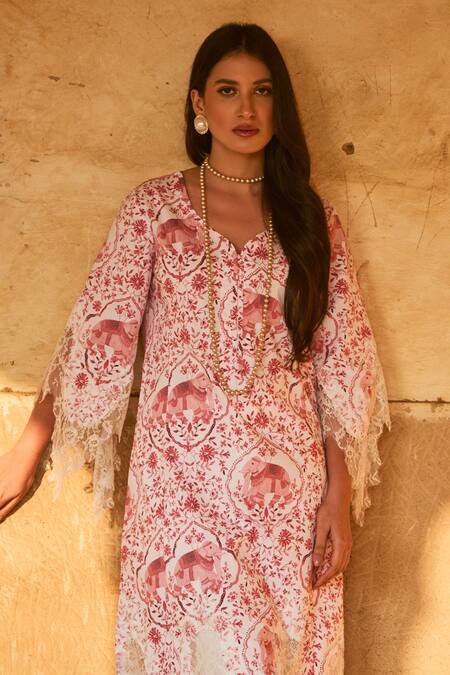 Shop Sage Saga Red Lace Embroidery Jamuna Chantilly Kurta Online at Aza Fashions Shop_Sage Saga_Red Lace Embroidery Jamuna Chantilly Kurta _Online_at_Aza_Fashions