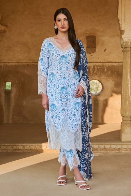 Buy_Sage Saga_Blue Chanderi, Raasa Neel Printed Kurta Pant Set _Online_at_Aza_Fashions