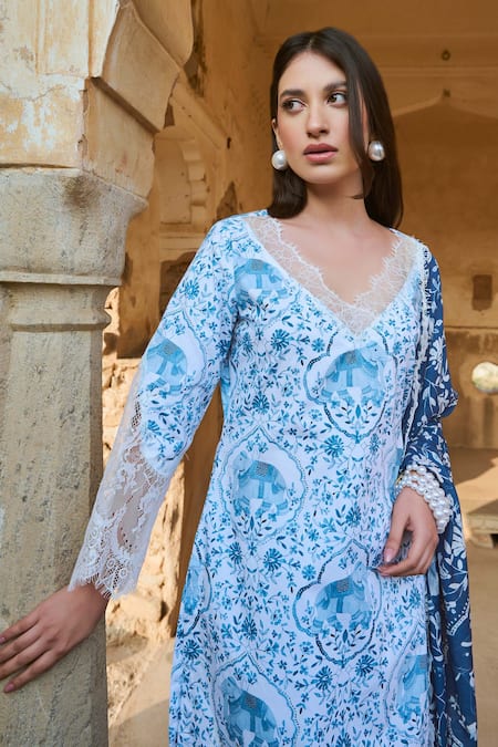 Sage Saga_Blue Chanderi, Raasa Neel Printed Kurta Pant Set _at_Aza_Fashions