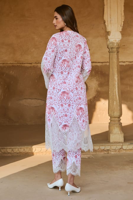 Shop Sage Saga Red Chanderi, V-neck Chantilly Applique Work Kurta Pant Set at Aza Fashions Shop_Sage Saga_Red Chanderi, V-neck Chantilly Applique Work Kurta Pant Set _at_Aza_Fashions