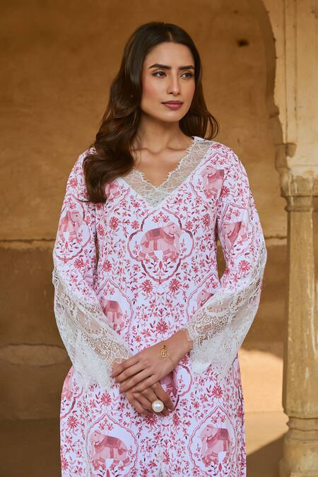 Sage Saga Red Cotton Embroidery, Lace V-neck Floral Print And Chantilly Kurta Online at Aza Fashions Sage Saga_Red Cotton Embroidery, Lace V-neck Floral Print And Chantilly Kurta _Online_at_Aza_Fashions