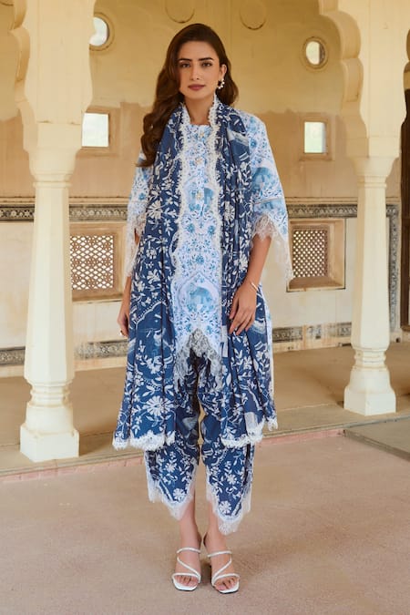 Sage Saga Blue Cotton, Linen, Chanderi Embroidery, Chantilly Applique Kurta Pant Set 