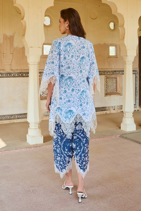 Shop Sage Saga Blue Cotton, Linen, Chanderi Embroidery, Chantilly Applique Kurta Pant Set at Aza Fashions Shop_Sage Saga_Blue Cotton, Linen, Chanderi Embroidery, Chantilly Applique Kurta Pant Set _at_Aza_Fashions