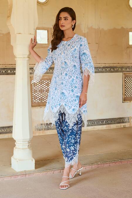 Sage Saga Blue Cotton, Linen, Chanderi Embroidery, Chantilly Applique Kurta Pant Set at Aza Fashions Sage Saga_Blue Cotton, Linen, Chanderi Embroidery, Chantilly Applique Kurta Pant Set _at_Aza_Fashions