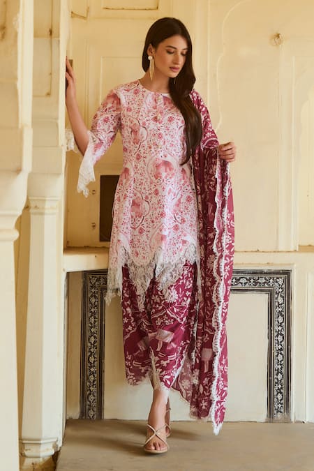 Sage Saga Red Chanderi, Lace, Linen Lace, Embroidery Round Raasa Elephant Print Kurta Set 