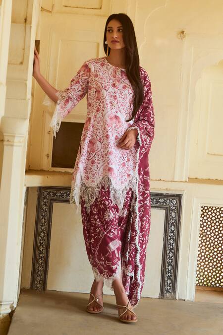 Sage Saga_Red Chanderi, Lace, Linen Lace, Embroidery Round Raasa Elephant Print Kurta Set _Online_at_Aza_Fashions