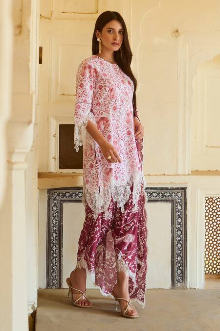 Buy_Sage Saga_Red Chanderi, Lace, Linen Lace, Embroidery Round Raasa Elephant Print Kurta Set _Online_at_Aza_Fashions