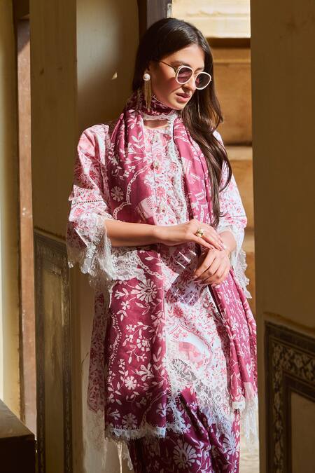 Sage Saga_Red Chanderi, Lace, Linen Lace, Embroidery Round Raasa Elephant Print Kurta Set _at_Aza_Fashions