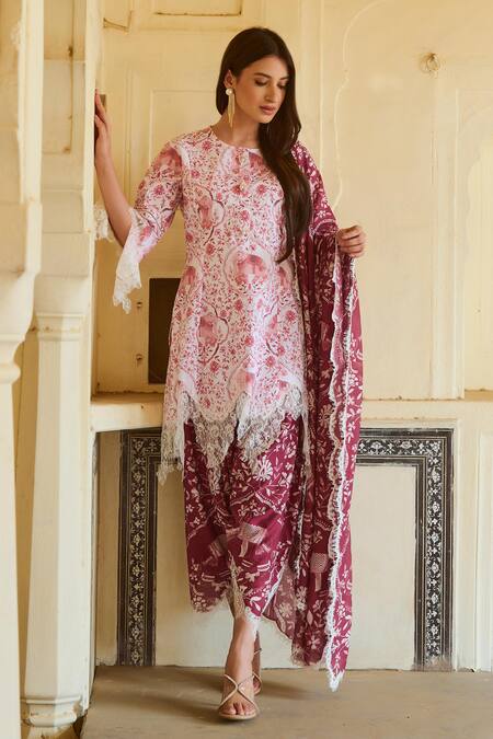 Sage Saga_Red , Cotton Embroidery, Round Neck Raasa Elephant Print Kurta _Online_at_Aza_Fashions