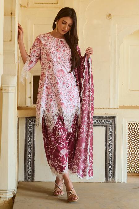 Buy_Sage Saga_Red , Cotton Embroidery, Round Neck Raasa Elephant Print Kurta _Online_at_Aza_Fashions