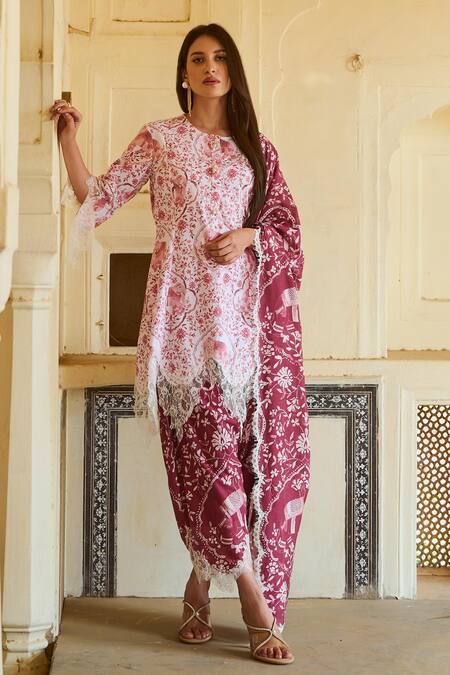 Shop_Sage Saga_Red , Cotton Embroidery, Round Neck Raasa Elephant Print Kurta _Online_at_Aza_Fashions