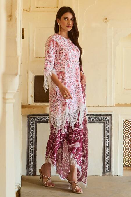 Sage Saga_Red , Cotton Embroidery, Round Neck Raasa Elephant Print Kurta _at_Aza_Fashions