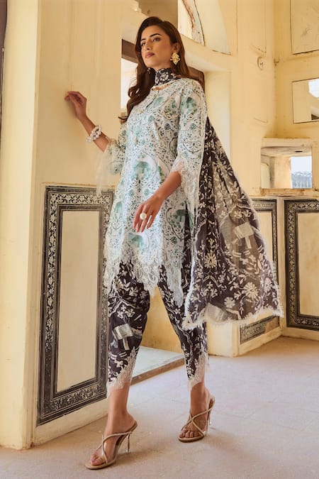 Shop Sage Saga Green Chanderi, Linen, Lace Lace, Embroidery Raasa Kokil Floral Print Kurta Set Online at Aza Fashions Shop_Sage Saga_Green Chanderi, Linen, Lace Lace, Embroidery Raasa Kokil Floral Print Kurta Set _Online_at_Aza_Fashions