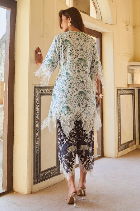 Shop Sage Saga Green Linen Embroidery, Lace Round Neck Raasa Kokil Floral Print Kurta at Aza Fashions Shop_Sage Saga_Green Linen Embroidery, Lace Round Neck Raasa Kokil Floral Print Kurta _at_Aza_Fashions