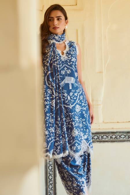 Sage Saga_Blue Chanderi Lace, Embroidery Scoop Neck Neelambara Botanical Print Kurta Set _at_Aza_Fashions