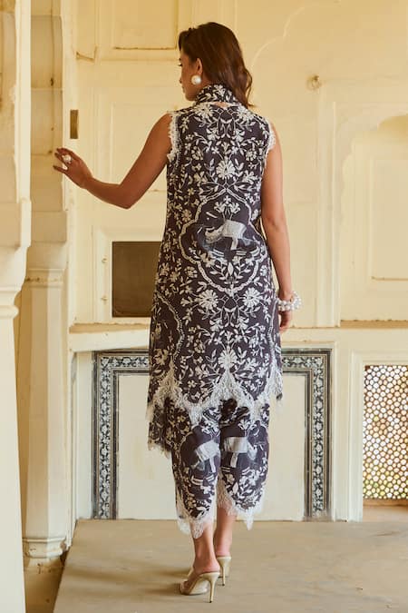 Shop Sage Saga Black Chanderi Lace, Embroidery V-neck Kokila Floral Print Kurta Salwar Set at Aza Fashions Shop_Sage Saga_Black Chanderi Lace, Embroidery V-neck Kokila Floral Print Kurta Salwar Set _at_Aza_Fashions