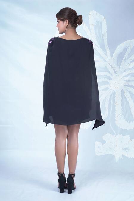 Seesa_Black Silk, Crepe Embroidery Boat Neck Elan Slit Sleeve Cape Dress _Online_at_Aza_Fashions