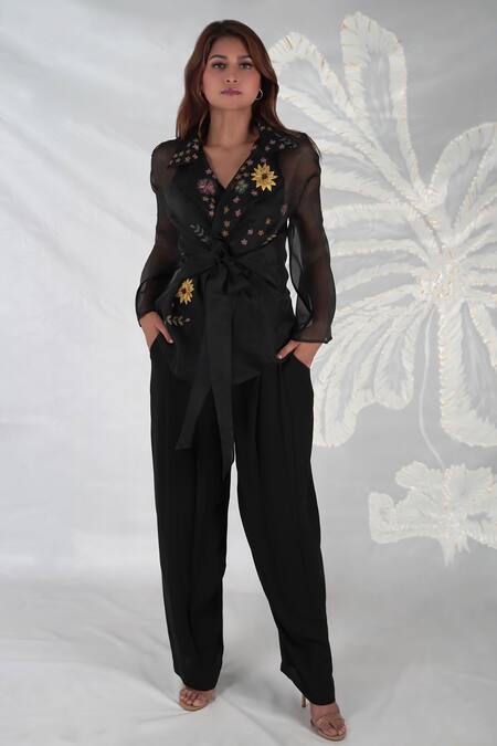 Buy_Seesa_Black Silk Organza Embroidery Collared Alaya Sheer Jacket _Online_at_Aza_Fashions