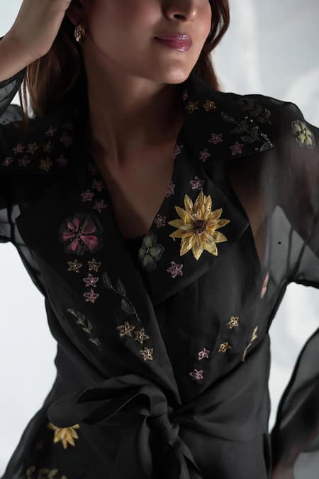 Shop_Seesa_Black Silk Organza Embroidery Collared Alaya Sheer Jacket _Online_at_Aza_Fashions